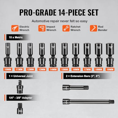 VEVOR 14PCS Universal Impact Socket Set - 3/8" Drive Deep Metric 10-19mm 6 Point - Swivel Socket with Flexible Wobble, CR-MO, Metric, Storage Case - style: 3/8" 14PCS Universal CR-MO