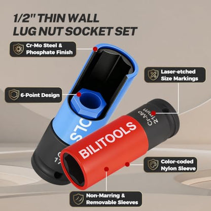 BILITOOLS 17/19/21mm Lug Nut Socket Set, 1/2" Thin Wall Impact Sockets | 3-PCS Cr-Mo Socket Set with Non-marring Sleeves, 6-Point Drive for Tire Changes, Rims and Auto Repair - size: 17-19-21MM