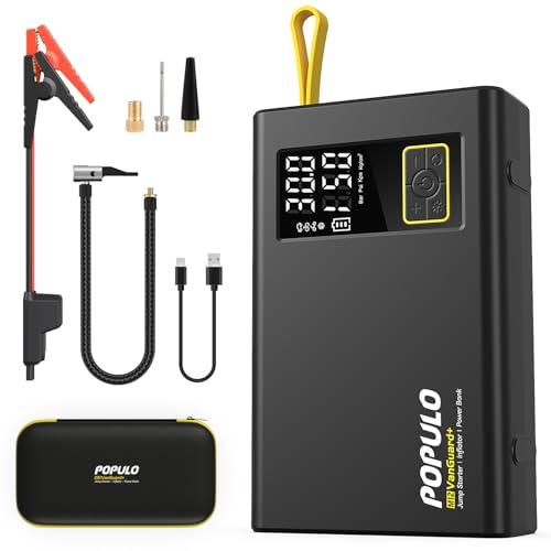 POPULO Car Jump Starter with Air Compressor, 12V 59.2Wh Portable Booster Pack Box with 150PSI Digital Tire Inflator, Extended Smart Clamps, 3000A 4-in-1 Auto Battery Starter (All Gas/12L Diesel)