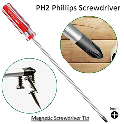 12inch PH2 Long Phillips Screwdriver and Slotted Screwdriver Long with Magnetic Tip, SKZIRI Cross Head Flat Head Long Screwdriver Set (12inch No.2) - size: 12inch No.2