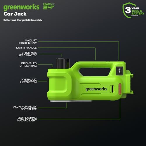 Greenworks 24V Cordless Car Jack Kit, 3 Ton Max Loading For Vehicle Weigh Hydraulic Jack with 2Ah Battery and Charger