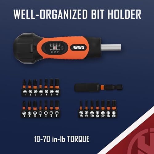 KNINE OUTDOORS Torque Screwdriver Wrench Driver Set 10-70 Inch Pounds lbs for Maintenance, 21 Hex Bits, Shaft Extension, For Tools, Bike Repairing and Mounting, Orange
