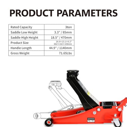 Floor Jack 3 Ton, Low Profile Floor Jack, Heavy Duty Steel Racing Jacks with Single Piston Quick Lift Pump, Hydraulic Car Jacks Lifting Range 3.3"-18.5" (3 Ton) - size: 3 Ton