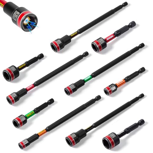 Geinxurn Impact Nut Driver Set, 10 Pieces 2.56”6”Long 1/4”5/16”3/8”7/16” 1/2”6 Point Alloy Steel Magnetic SAE Nut Setter Set Use For Require Installing 1/4 Hex Shank Impact Driver with Case Box - size: 2.56"/6", style: MIXS-10pcs