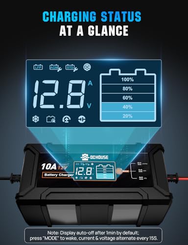 DC House 12V 10A LiFePO4 Battery Charger, Smart Trickle Charger Fully Automatic Maintainer Desulfator for Lead-Acid & LiFePO4 Batteries Car Motorcycle Truck Lawn Mower