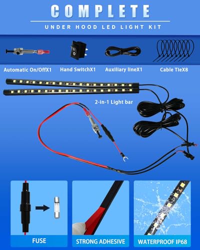 Keiurot Under Hood LED Light Kit 12V, Auto On/Off,Universal Fit Any Vehicle | Hand Switch Included,1000 Lm/Strip, 250CM Lead Wire, Waterproof Flexible 2-in-1 Hood Light Strip For Cars SUV RV and Trucks