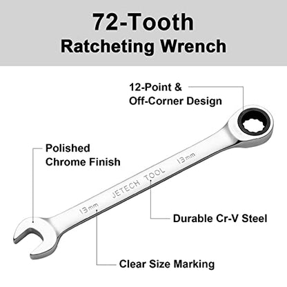 Jetech 13mm Ratchet Wrench, Ratcheting Combination Wrench Metric, Industrial Grade Gear Spanner with 12-Point Design, 72-Tooth Ratchet, Chrome Vanadium Steel for Auto & DIY Repair - size: 13mm