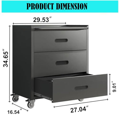 Mobile Tool Storage Cabinet with Wheels,Heavy Duty Rolling Tool Cabinets for Garage,Metal Storage Cabinets with 3 Drawer,Assembly Required - color: Black, style: 3 drawer with wheels