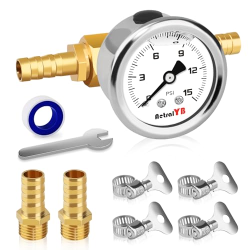 0-15Psi Fuel Pressure Test Kit,1-1/2" Dial Size,Glycerin Filled,with 1/8" NPT Pressure Gauge, Inline Fuel Pressure Regulator with Gauge for Car,with 3/8'' 5/16'' Barb Mounting Connection - size: 0-15PSI(White), style: T -Fitting Mount (11PCS Kit)