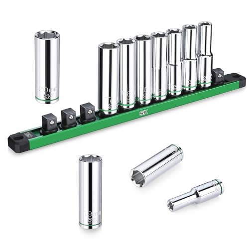 SK 1/2" Drive Socket Set, Deep Metric Sockets, 11-Piece 10-20mm | SuperKrome Finish, Premium CR-V Steel, with Aluminum Socket Organizer - size: Deep, style: Metric