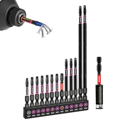 Geinxurn 13pcs Impact #1#2#3 Square Screwdriver Bits Set, 2” 3” 6” (SQ1/SQ2/SQ3) Magnetic S2 Steel Driver Bits Set and 1pc 3” Impact Bit Holder with Color Coded Base - size: 14pcs-Mix-SQ