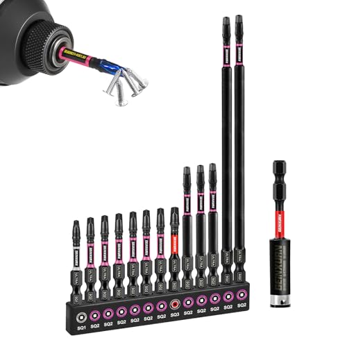 Geinxurn 13pcs Impact #1#2#3 Square Screwdriver Bits Set, 2” 3” 6” (SQ1/SQ2/SQ3) Magnetic S2 Steel Driver Bits Set and 1pc 3” Impact Bit Holder with Color Coded Base - size: 14pcs-Mix-SQ