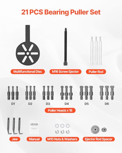 VEVOR 21-in-1 Bearing Puller Set, 21 PCS 3-Jaw Hook Puller for Internal External Bearings and Bearing Without Inner Shaft, Multifunctional Bearing Removal Tool with Heavy Duty Portable Storage Case