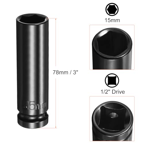 HARFINGTON Deep 6-Point Impact Socket 1/2" Drive 15mm Metric Socket 3" Length with 1/4" Hex Shank Adapter, CR-V Steel Socket Adapter Accessory Tool Set Kit for Hex Bolts Nuts - size: 15mm