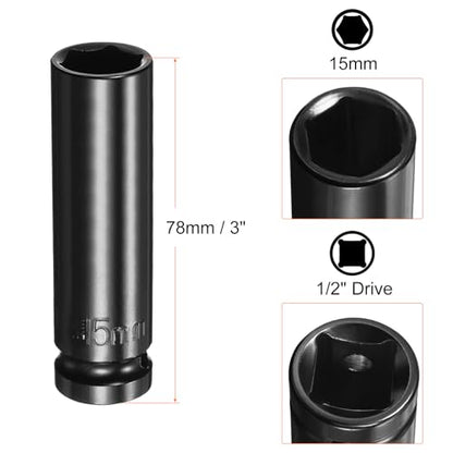 HARFINGTON Deep 6-Point Impact Socket 1/2" Drive 15mm Metric Socket 3" Length with 1/4" Hex Shank Adapter, CR-V Steel Socket Adapter Accessory Tool Set Kit for Hex Bolts Nuts - size: 15mm