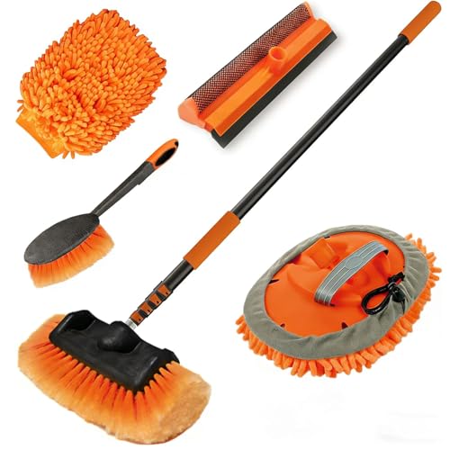 LAANPOLE 16FT Car Wash Brush with Long Handle, Car Cleaning Kit with Soft Bristle Wash Brush, Microfiber Cleaning Mop, Window Squeegee, Mitt, Wheel Brush for RV, Truck, Boat, House Siding - size: 16FT