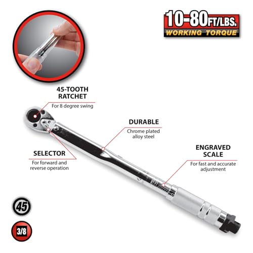 Performance Tool M238 Click Torque Wrench - 3/8 Drive, Adjustable 10 to 80 lbs ft. for Automotive Repair, Garage Maintenance, Chrome-Plated, Calibrated Torque Control