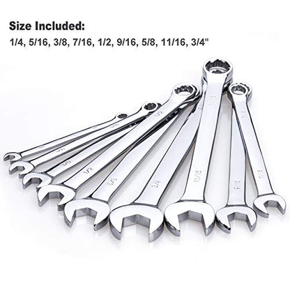 Max Torque 9-Piece Premium Combination Wrench Set, Standard Inch Sizes from 1/4” to 3/4” with Rack Organizer | Chrome Vanadium Steel, Long Pattern Design, Mirror Chrome Finish, Open and Box Ends - size: SAE Set, 9-Piece