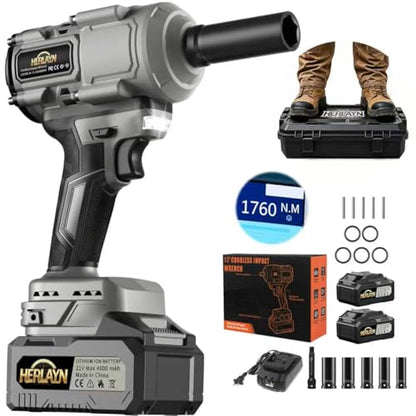 1/2" Cordless Impact Wrench MAX1760N.m Brushless, Dual 4.0Ah Battery - color: Grey
