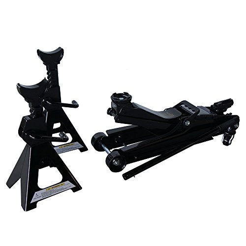 Car Floor Jack 2.5 Ton Steel Hydraulic Low Profile Rapid Pump Lift Tool | Combo with 2 Jack Stands Tire Repair Kit for Garages Automotive Repair Shops Lifting Range 3.3" - 15"