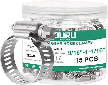 OURU 15PCS Hose Clamps Stainless Steel Adjustable 9/16"– 1-1/16"(14-27mm) Worm Gear Hose Clamp, Heavy Duty Metal Small Hose Clamps for Automotive, Pipe, Radiator Plumbing, Fuel Line - size: 9/16"-1-1/16"(14-27mm)