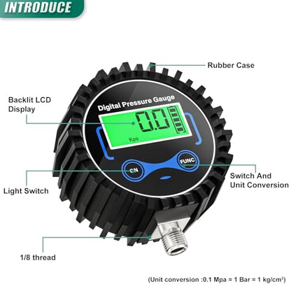 0-300PSI Digital Air Pressure Gauge, 1/8'' NPT Lower Mount and Rubber Protector, Accuracy 1%, Resolution 0.1psi, for Tires, Pressure Containers & Automation Equipment - size: 0-300PSI