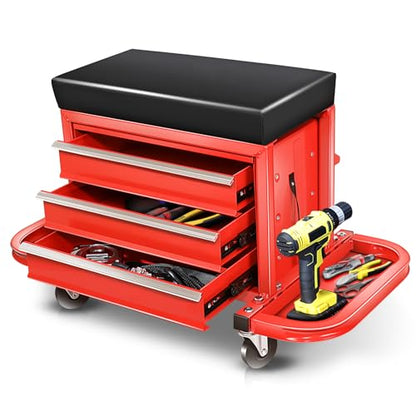 Magshion 3-Drawer Rolling Tool Chest, Mechanic Seat on Wheels with Drawers, Side Tool Tray & Rear Rack for Garage, Warehouse & Repair Shop, 350 Lbs Max Weight Capacity, Red - color: Red