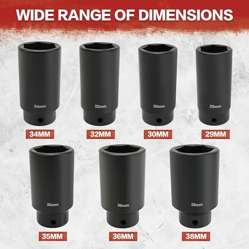 7Pcs Axle Nut Socket Set, 6-Point Metric 1/2 Impact Socket Set, 29mm to 38mm, 1/2” Drive Deep Spindle Axle Nut Impact Socket Set with Storage Case, Cr-Mo