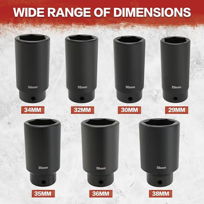 7Pcs Axle Nut Socket Set, 6-Point Metric 1/2 Impact Socket Set, 29mm to 38mm, 1/2” Drive Deep Spindle Axle Nut Impact Socket Set with Storage Case, Cr-Mo