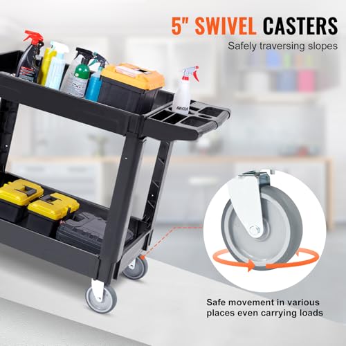 VEVOR Utility Service Cart, 2 Shelf 550LBS Heavy Duty Plastic Rolling Utility Cart, Medium Lipped Shelf, 360° Swivel Wheels, Ergonomic Storage Handle for Warehouse Garage, Black | Heavy Duty Rolling Cart with 360° Swivel Wheels, Medium Lipped Shelf, Ergon