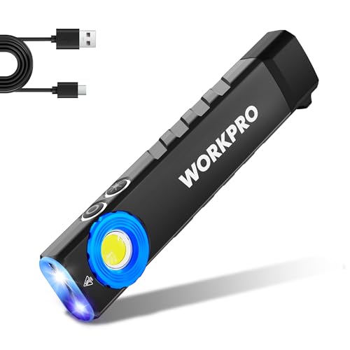 WORKPRO Rechargeable Flashlight, Magnetic EDC Flashlight Rechargeable, Flat Pocket Flashlight with UV Light, Slim LED Flashlight for Camping, Garage, Car Repair and Emergency-Black - color: Black
