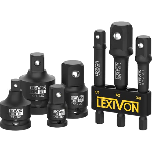 LEXIVON Impact Socket Adapter Combo Kit, 7-piece Increaser, Reducer & Extension Set | 1/4"-3/8"-1/2" Impact Driver Conversions, Active Rust Protection By Black-Phosphate Coating Treatment (LX-109) - style: 7-Piece Impact Adapter & Reducer Combo Set
