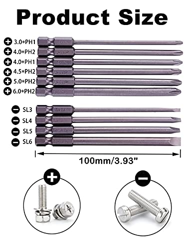 Rocaris 10pcs 1/4 Inch Hex Shank Long Magnetic Screwdriver Bits Set 4 in Power Tools (Slotted+Cross Head) - size: 10Pcs(Slotted+Cross)