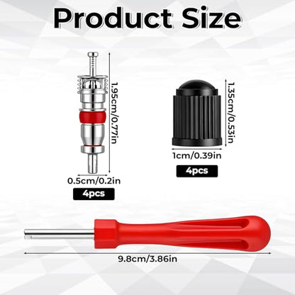 Tire Valve Stem Removal Tool Kit, 4 PCS Valve Cores, 4 PCS Tire Valves Caps, 1 Pack Single Head Valves Core Remover Installer Tool, Car Accessories Tires Repair Tools Universal for All Cars