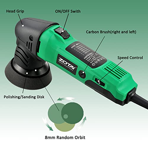 ZOTA Mini Polisher, 2-inch/ 3inch Car Buffer Polisher with 8mm Random Orbital,Car Polishers and Buffers for Car Detailing,Variable Speed Small Buffer Polisher. - color: Green