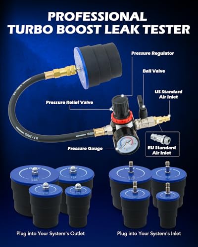Orion Motor Tech Turbo System Leakage Tester Kit, 10pc Turbo Boost Leak Tester Set with 4 Pairs of Stepped Adapters 1-3/8" to 3-1/2", Turbo Pressure Leakage Tester for Cooling Emissions Exhaust Pipes - color: blue