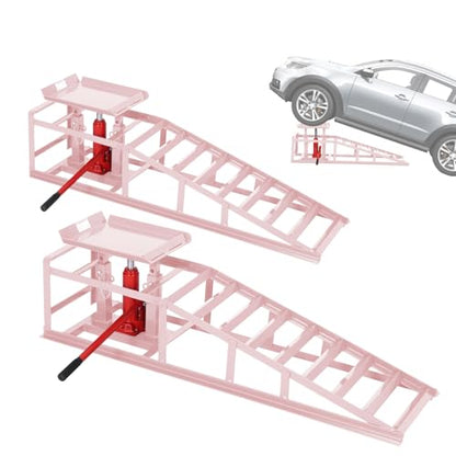 Heavy Duty Hydraulic Car Ramps 2 Pack – 5 Ton (11,050 lbs) Low Profile Steel Lift Ramps – Adjustable Height 9.4-13.3 in – Safe for Oil Changes, Garage Repairs, Trucks & Low Cars – Portable - color: Pink