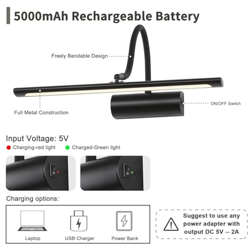 JOOSENLUX 16" Dimmable Picture Light, LED, Battery Operated, Wireless, Adjustable Arm, Remote Controlled, Rechargeable, Wall-Mounted, Modern & Stylish - Ideal for Gallery, Library, and Photo Display - color: Black, size: Model A