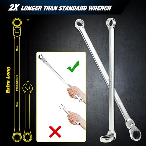 PRIDE&CRAFT Extra Long Ratcheting Wrench 10mm, Metric Flex Head Double Box End, 2X Longer Wrenches, Chrome Vanadium Steel with 90-Tooth Ratchet for Automotive Repair - size: 10mm