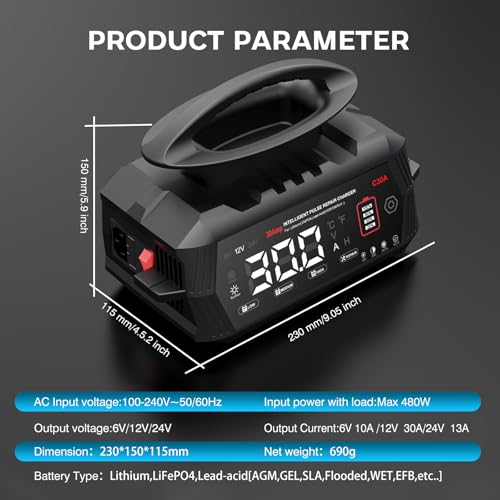 30-Amp Battery Charger for Lithium LiFePo4 Lead Acid Deep Cycle (AGM/Gel), 6V/12V/24V Battery Charger & Maintainer, Trickle Charger for Car Truck Motorcycle Lawn Mower Marine