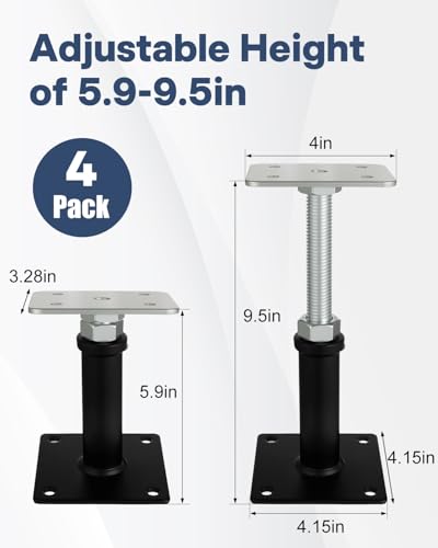 4 Pack House Jacks for Leveling, Screw Jack Adjustable Floor Jack Post | 6" to 9.5" Height Range 4409 lbs Max Height Capacity, Crawl Space Jacks for Stairs, Porches, Roof Beams, Temporary Support
