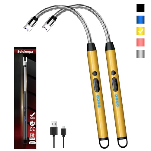 2 Pack Rechargeable Type C Electric Lighters, Gold | Flameless and Windproof, Plasma Arc, 360° Long Reach Flexible Neck, LED Power Display, For Candles, BBQ Grill & Camping - color: Gold