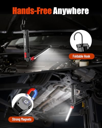 Magnetic Work Light with Red Beam, 1300LM Rechargeable Mechanic Flashlight CRI 95+ True Color, 4600mAh Under Hood Light with Magnetic Base for Car Repair, Garage & DIY