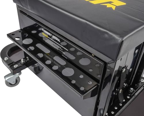 JEGS 3-Drawer Mechanics Roller Seat Tool Box | Black With JEGS Logo | Two Folding Tool Trays With Magnetic Pads | Vinyl Padded Seat Cushion | Rear Tray For Screwdrivers And Pliers | Load Limit 350 LBS