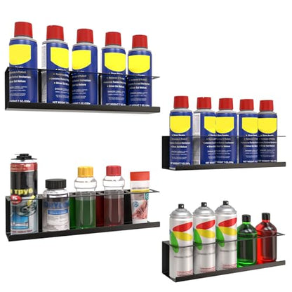 Riciakik 4 Pack Wall-Mounted Spray Bottle Holder, Aerosol Spray Can Holder Storage Rack, Heavy-Duty Paint Bottle Organizer With 20 Holes, Steel Black Spray Rack for Garage, Shop, Home or Tool Trailer - style: 4 Pack
