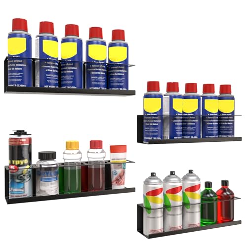 Riciakik 4 Pack Wall-Mounted Spray Bottle Holder, Aerosol Spray Can Holder Storage Rack, Heavy-Duty Paint Bottle Organizer With 20 Holes, Steel Black Spray Rack for Garage, Shop, Home or Tool Trailer - style: 4 Pack