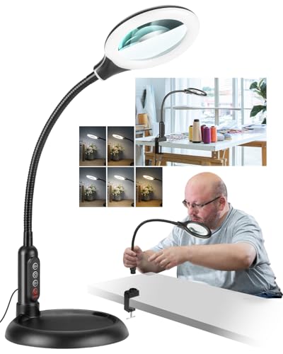 12X Magnifying Glass with Light and Stand, Real Glass, LED 5 Color Modes, Brightness Stepless Dimming Lighted Magnifier Hands Free with Flexible Gooseneck Desk Clamp Lamp for Close Work, Craft, Hobby - color: Black