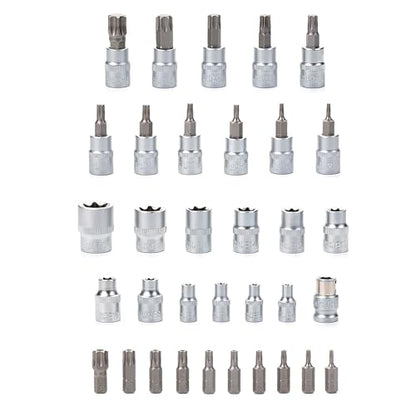 Bates- Male & Female Torx Bit Socket Set, 34 Pack, 3/8" Drive, CR-V Steel, Torx Bits T10-T55, E Sockets E4-E20, Socket T10-T60