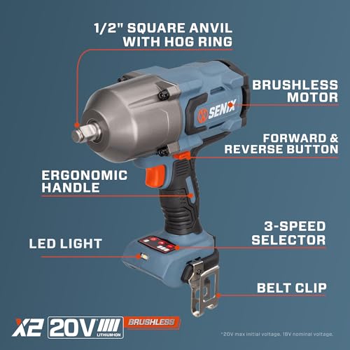 SENIX 1/2'' Cordless Impact Wrench, Compatible with X2 20 Volt Max* Battery, Brushless Motor, 750 ft-lbs Max Torque, 1800rpm Max, 3-Speed, with Belt Clip, Tool Only, Battery Not Included (PDWX2-M3-0) - style: 1/2'' Impact Wrench 1100ft-lbs Tool Only