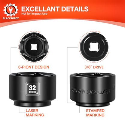 BLACKROBOT 32mm Low Profile Oil Filter Socket, 3/8" Drive 6-Point Oil Filter Cap Remover and Installer Tool, Chrome Vanadium Steel - size: 32mm